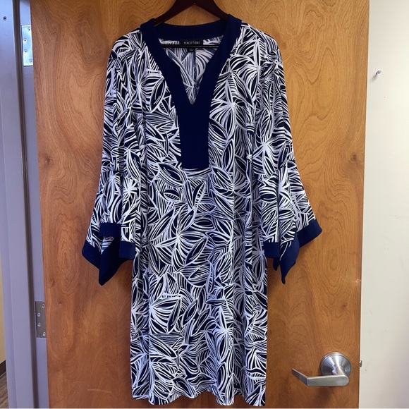 Perceptions Women’s Plus Size Dress 2X navy/ white long sleeve V neck midi dress - Picture 1 of 6